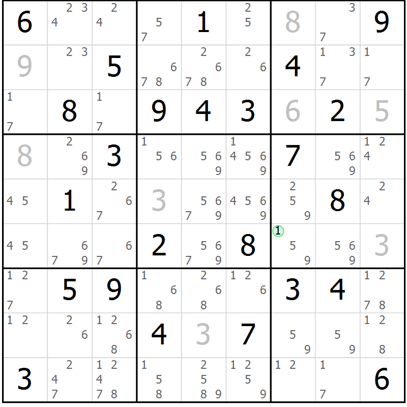 Position des candidats pour la solution de la Gr 75 page 78 du magazine de sudoku Virtuose n° 125