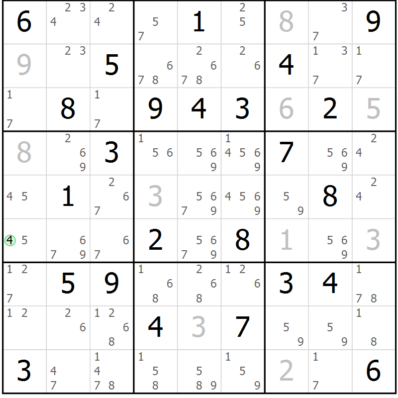 Position des candidats pour la solution de la Gr 75 page 78 du magazine de sudoku Virtuose n° 125