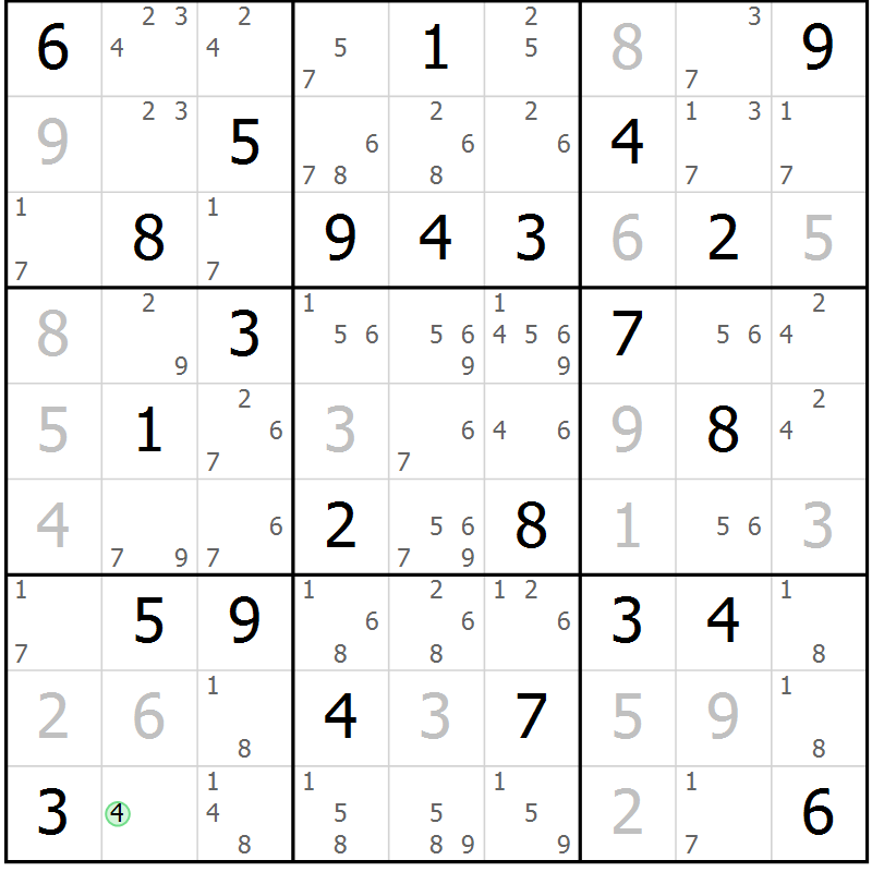 Position des candidats pour la solution de la Gr 75 page 78 du magazine de sudoku Virtuose n° 125