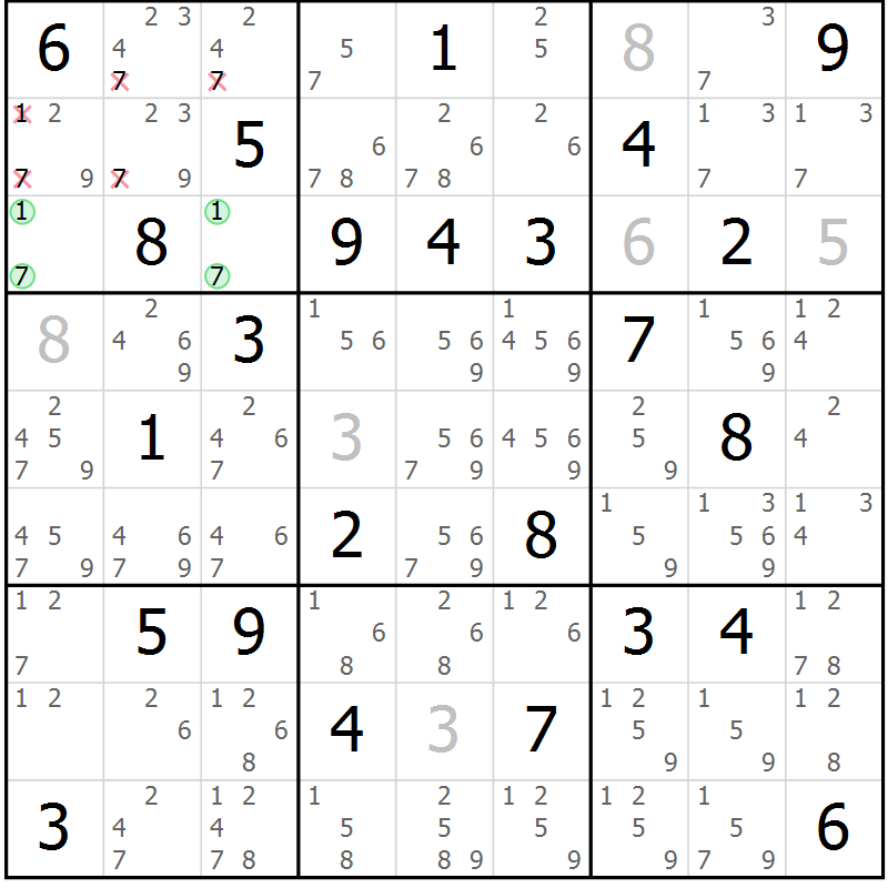 Position des candidats pour la solution de la Gr 75 page 78 du magazine de sudoku Virtuose n° 125