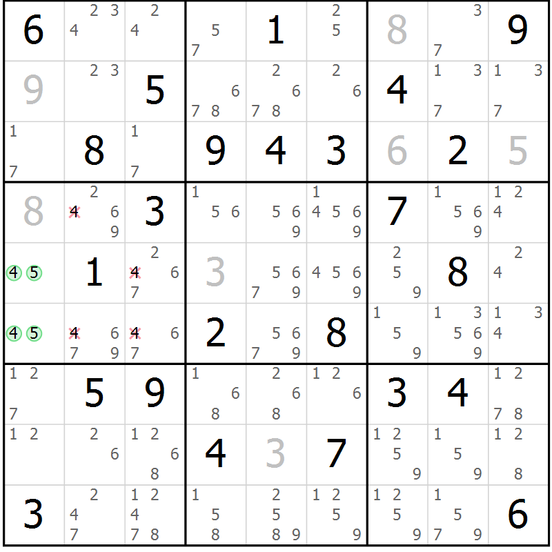 Position des candidats pour la solution de la Gr 75 page 78 du magazine de sudoku Virtuose n° 125
