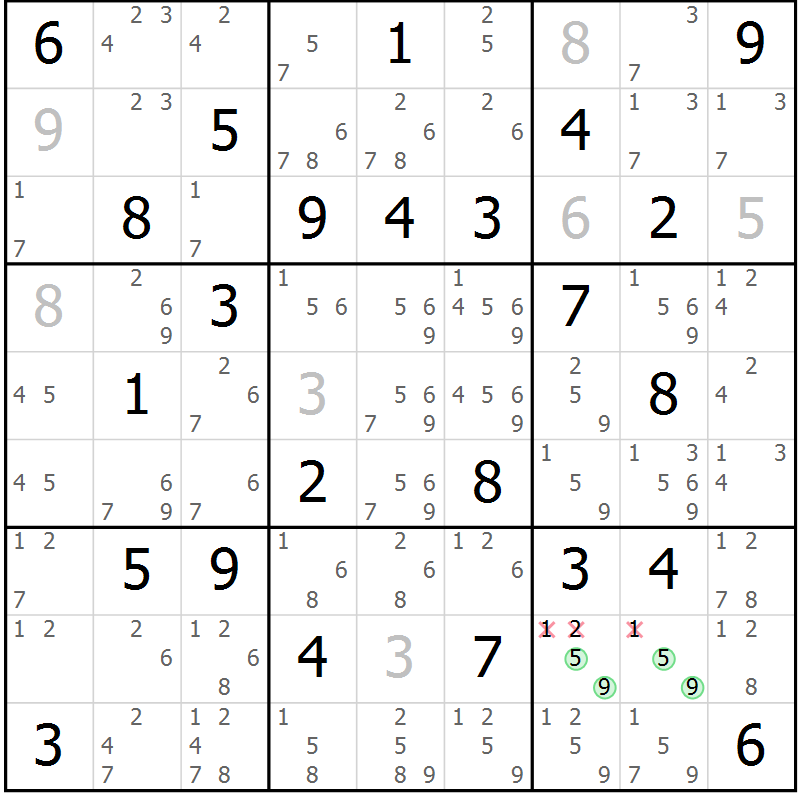 Position des candidats pour la solution de la Gr 75 page 78 du magazine de sudoku Virtuose n° 125