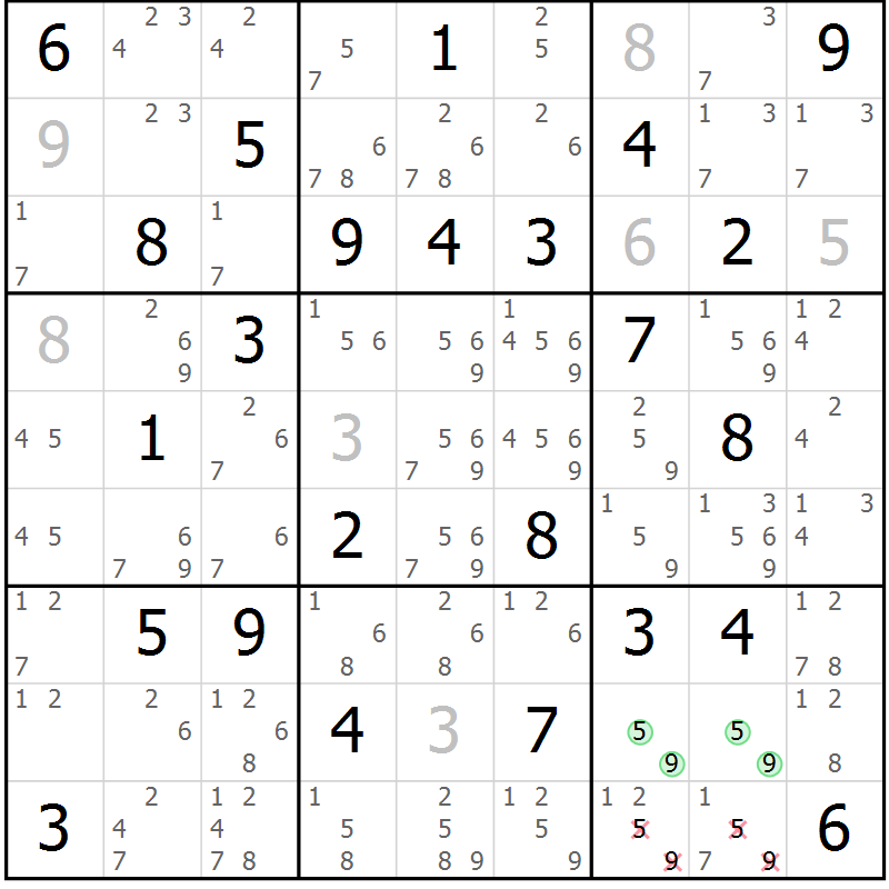 Position des candidats pour la solution de la Gr 75 page 78 du magazine de sudoku Virtuose n° 125