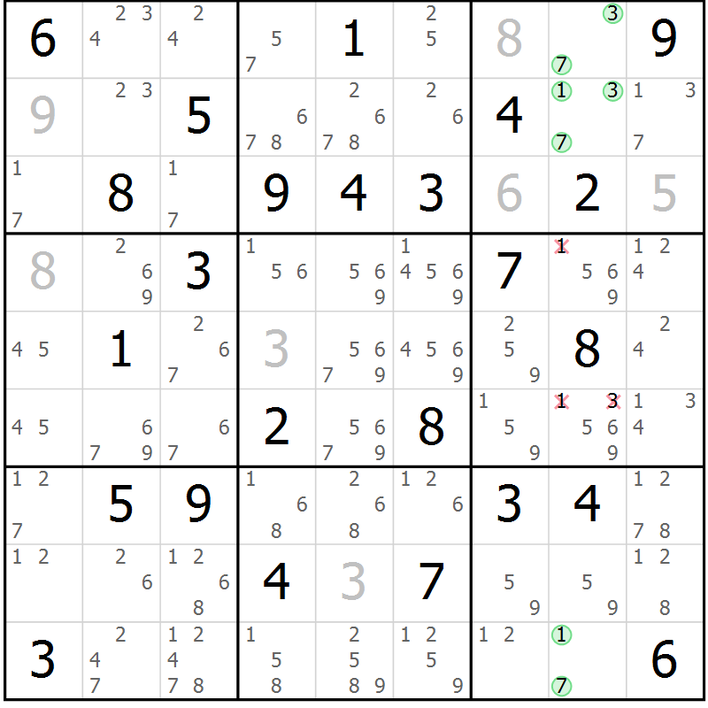 Position des candidats pour la solution de la Gr 75 page 78 du magazine de sudoku Virtuose n° 125