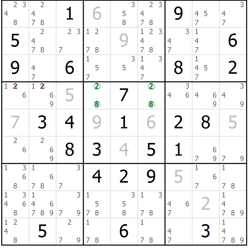 Position des candidats pour la solution de la Gr 76 page 79 du magazine de sudoku Virtuose n° 125