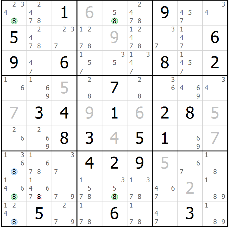 Position des candidats pour la solution de la Gr 76 page 79 du magazine de sudoku Virtuose n° 125