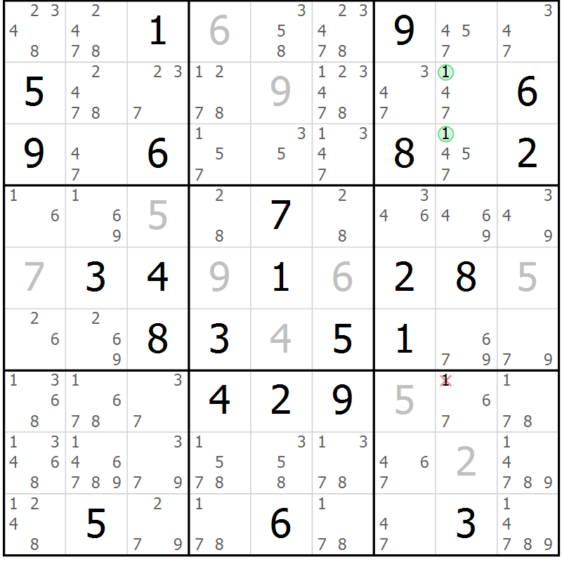 Position des candidats pour la solution de la Gr 76 page 79 du magazine de sudoku Virtuose n° 125