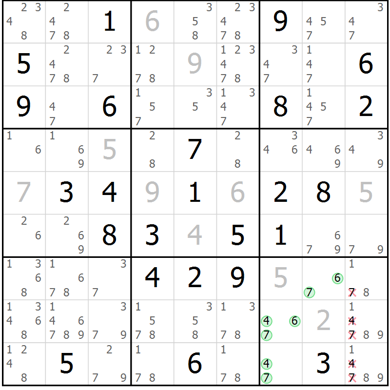 Position des candidats pour la solution de la Gr 76 page 79 du magazine de sudoku Virtuose n° 125