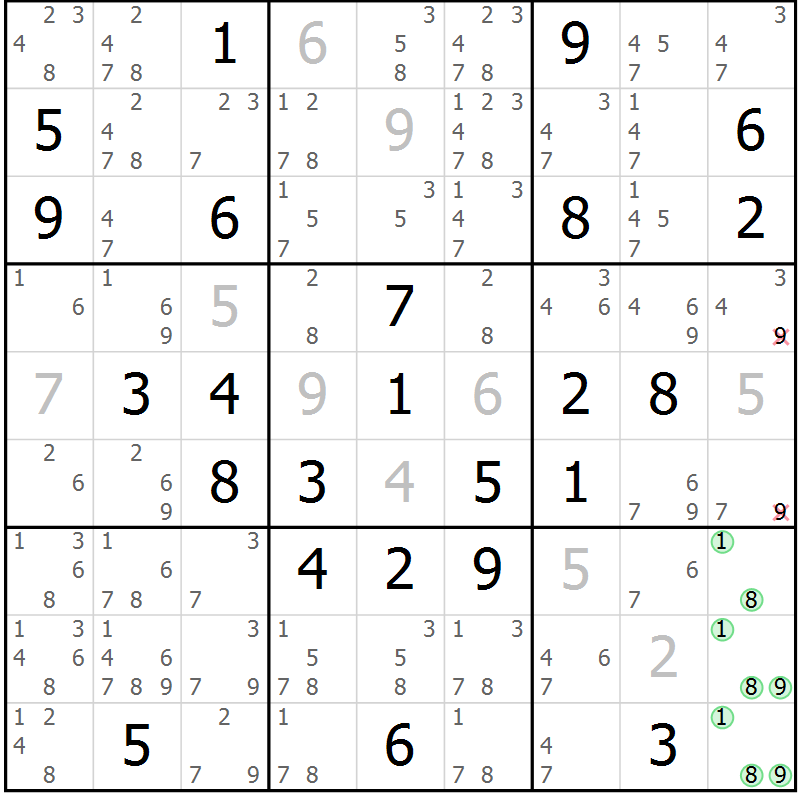 Position des candidats pour la solution de la Gr 76 page 79 du magazine de sudoku Virtuose n° 125