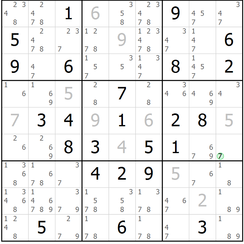 Position des candidats pour la solution de la Gr 76 page 79 du magazine de sudoku Virtuose n° 125