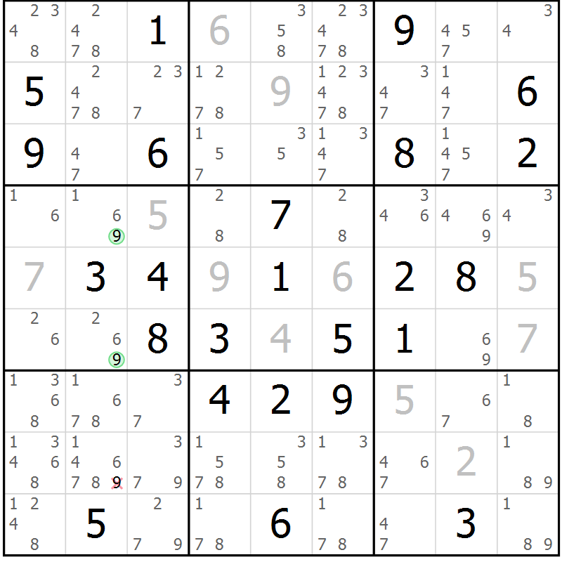 Position des candidats pour la solution de la Gr 76 page 79 du magazine de sudoku Virtuose n° 125