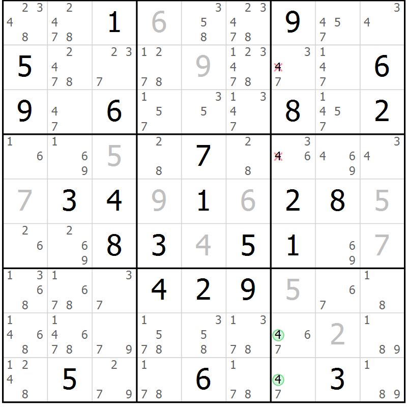 Position des candidats pour la solution de la Gr 76 page 79 du magazine de sudoku Virtuose n° 125
