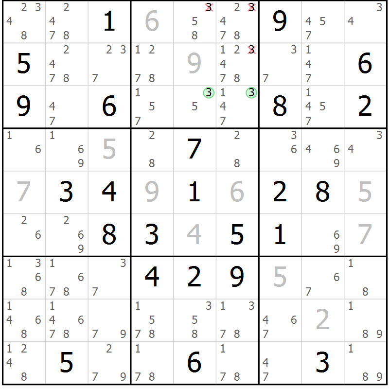Position des candidats pour la solution de la Gr 76 page 79 du magazine de sudoku Virtuose n° 125
