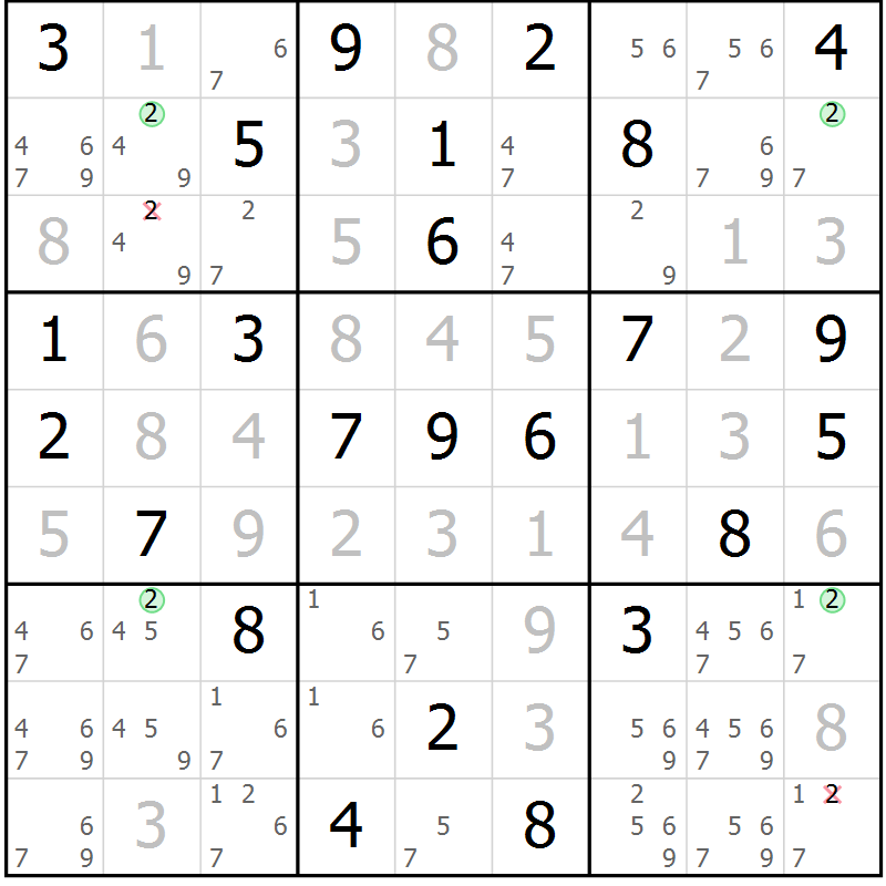 Position des candidats pour la solution de la Gr 77 page 80 du magazine de sudoku Virtuose n° 125