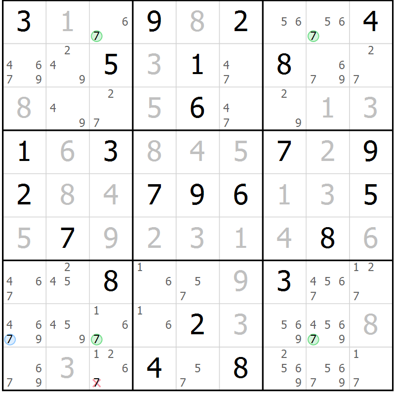 Position des candidats pour la solution de la Gr 77 page 80 du magazine de sudoku Virtuose n° 125