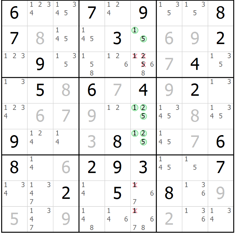 Position des candidats pour la solution de la Gr 78 page 81 du magazine de sudoku Virtuose n° 125