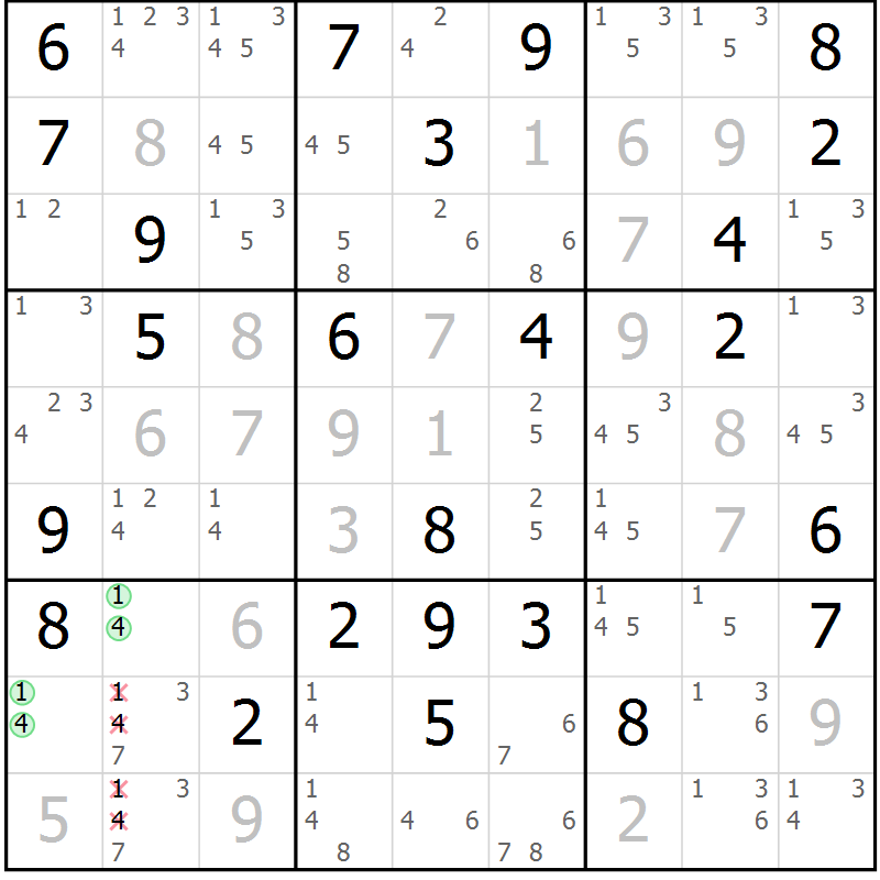 Position des candidats pour la solution de la Gr 78 page 81 du magazine de sudoku Virtuose n° 125