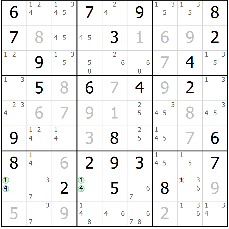 Position des candidats pour la solution de la Gr 78 page 81 du magazine de sudoku Virtuose n° 125