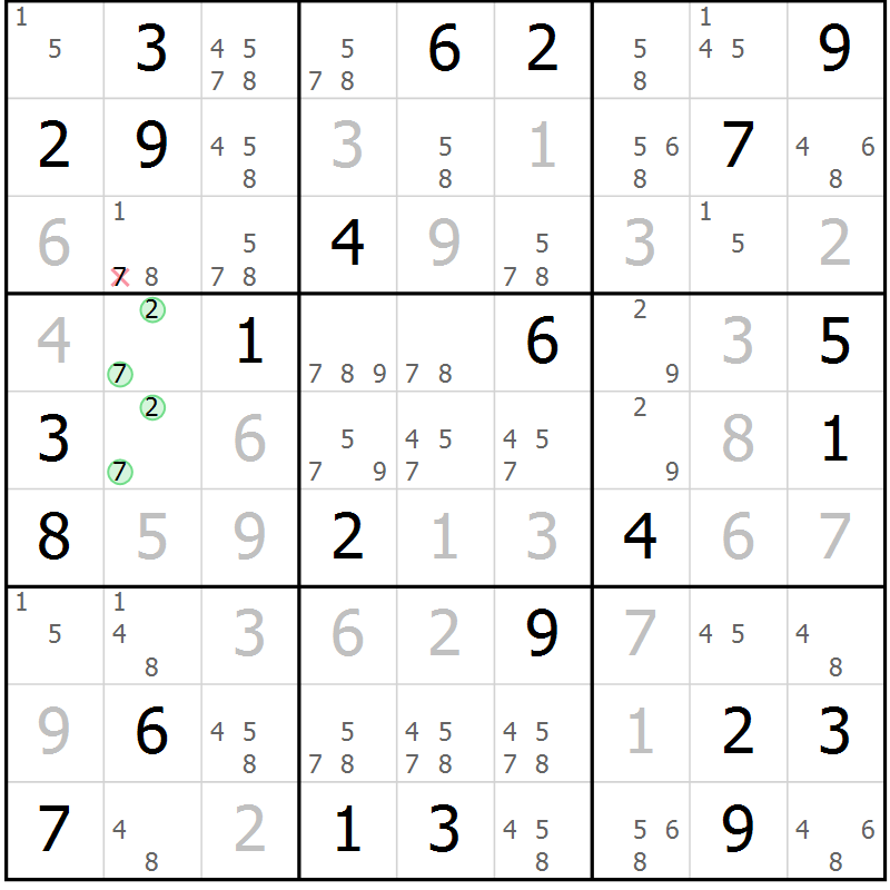 Position des candidats pour la solution de la Gr 79 page 82 du magazine de sudoku Virtuose n° 125