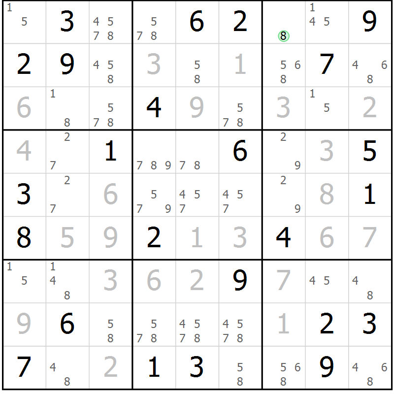 Position des candidats pour la solution de la Gr 79 page 82 du magazine de sudoku Virtuose n° 125