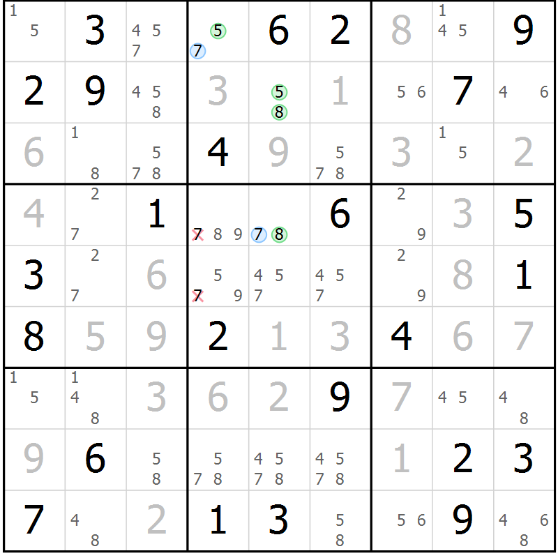 Position des candidats pour la solution de la Gr 79 page 82 du magazine de sudoku Virtuose n° 125