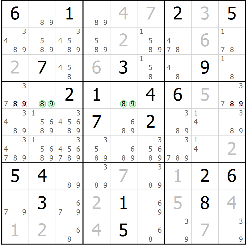 Position des candidats pour la solution de la Gr 8 page 11 du magazine de sudoku Virtuose n° 125