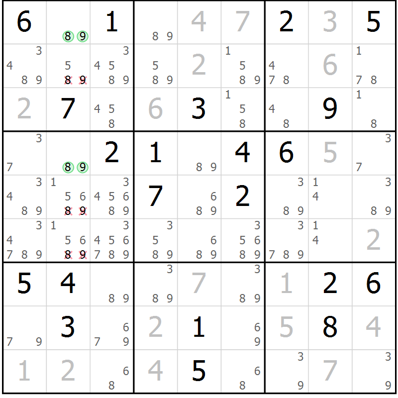 Position des candidats pour la solution de la Gr 8 page 11 du magazine de sudoku Virtuose n° 125