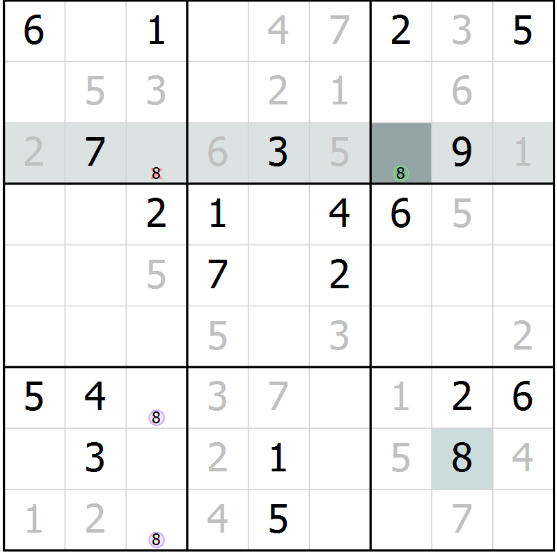 Position des candidats pour la solution de la Gr 8 page 11 du magazine de sudoku Virtuose n° 125