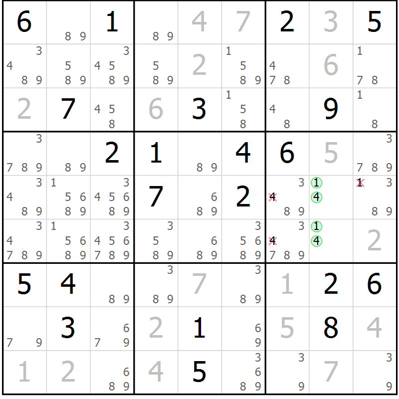 Position des candidats pour la solution de la Gr 8 page 11 du magazine de sudoku Virtuose n° 125