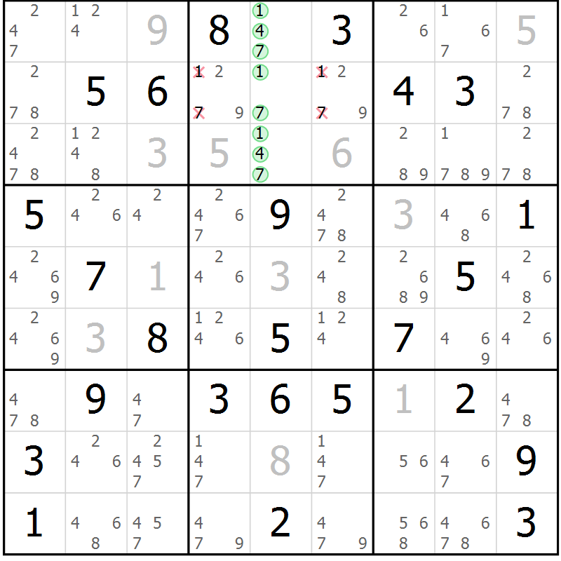 Position des candidats pour la solution de la Gr 81 page 84 du magazine de sudoku Virtuose n° 125