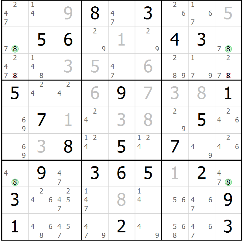 Position des candidats pour la solution de la Gr 81 page 84 du magazine de sudoku Virtuose n° 125