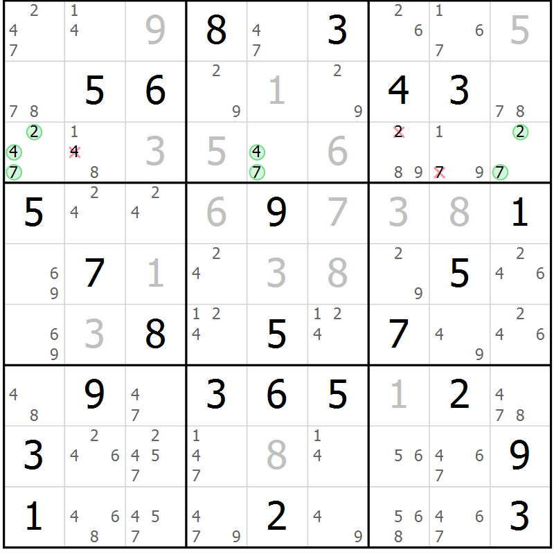 Position des candidats pour la solution de la Gr 81 page 84 du magazine de sudoku Virtuose n° 125