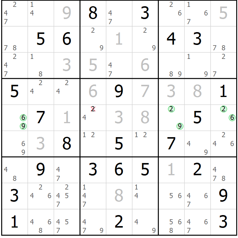 Position des candidats pour la solution de la Gr 81 page 84 du magazine de sudoku Virtuose n° 125