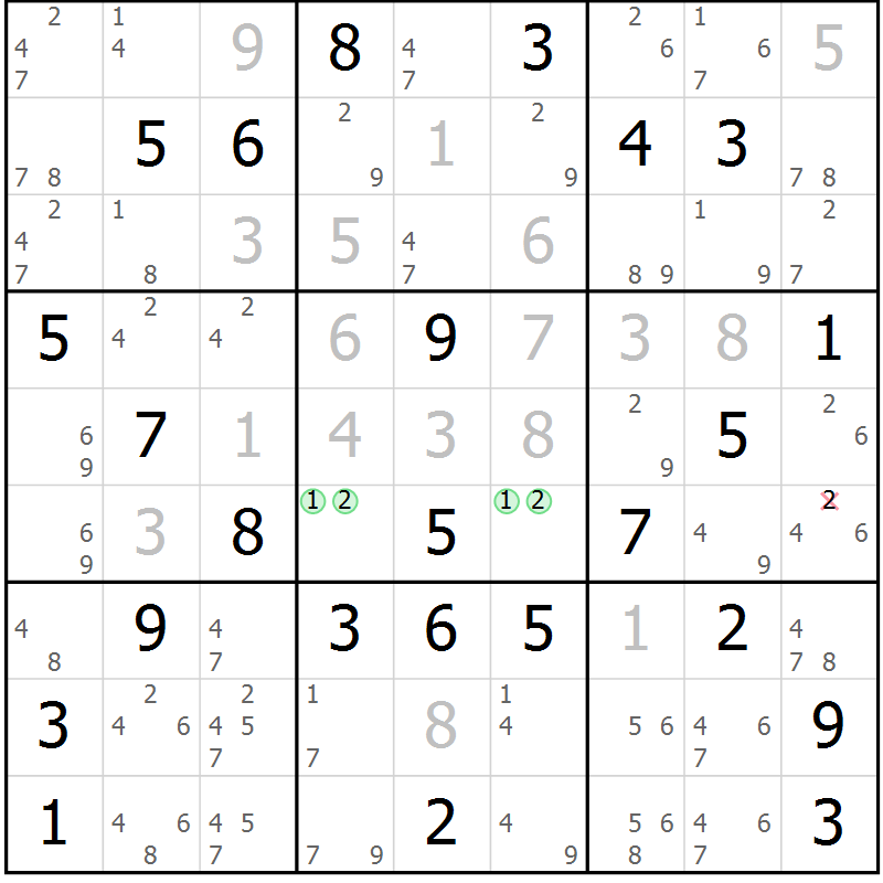 Position des candidats pour la solution de la Gr 81 page 84 du magazine de sudoku Virtuose n° 125