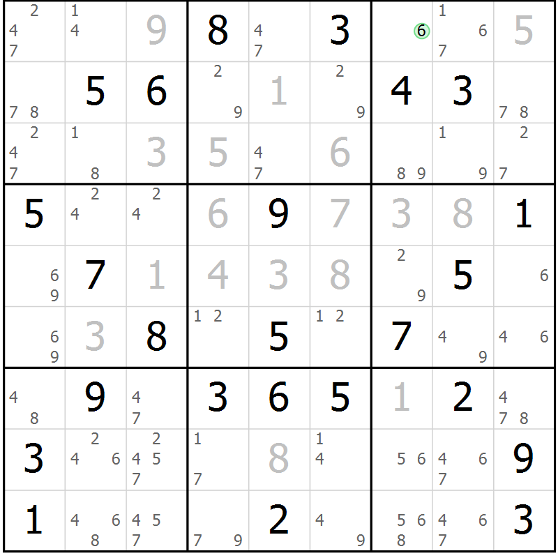 Position des candidats pour la solution de la Gr 81 page 84 du magazine de sudoku Virtuose n° 125