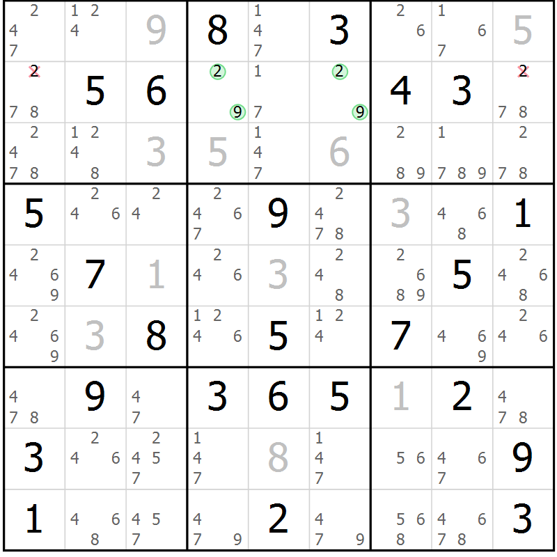 Position des candidats pour la solution de la Gr 81 page 84 du magazine de sudoku Virtuose n° 125