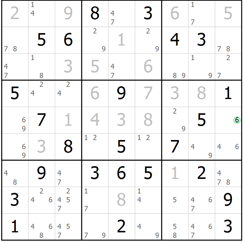Position des candidats pour la solution de la Gr 81 page 84 du magazine de sudoku Virtuose n° 125