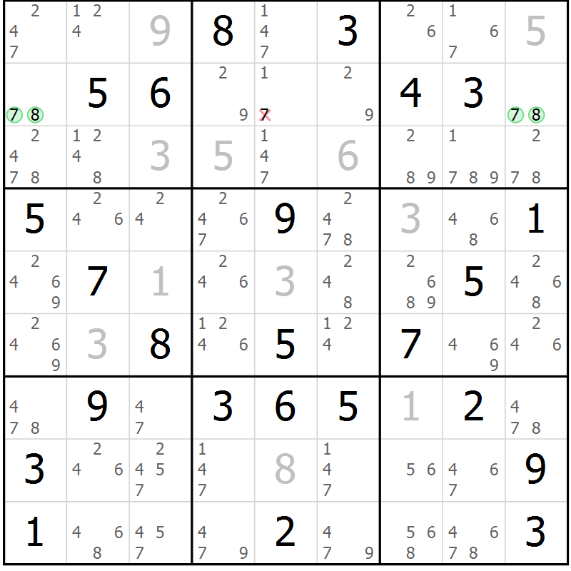 Position des candidats pour la solution de la Gr 81 page 84 du magazine de sudoku Virtuose n° 125