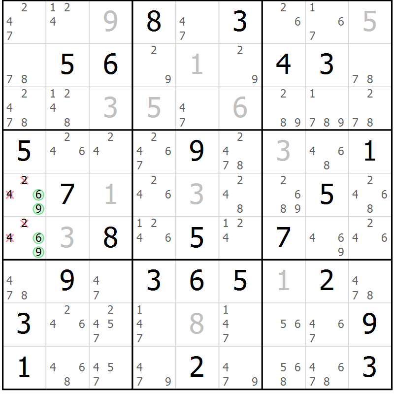 Position des candidats pour la solution de la Gr 81 page 84 du magazine de sudoku Virtuose n° 125