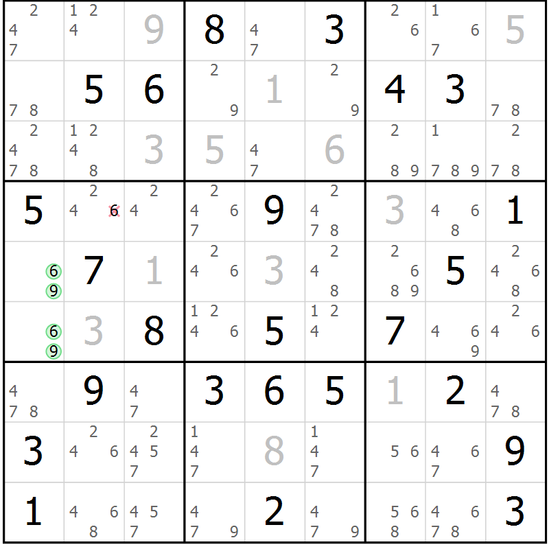 Position des candidats pour la solution de la Gr 81 page 84 du magazine de sudoku Virtuose n° 125