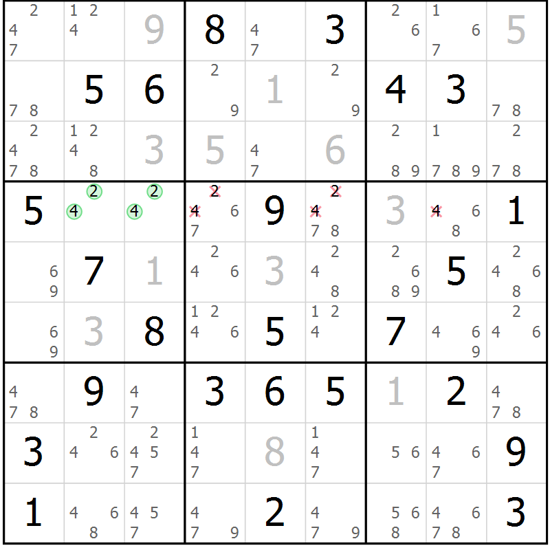 Position des candidats pour la solution de la Gr 81 page 84 du magazine de sudoku Virtuose n° 125