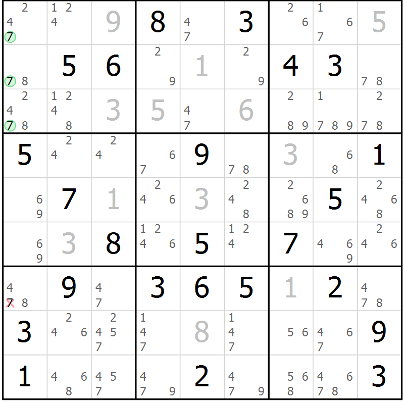 Position des candidats pour la solution de la Gr 81 page 84 du magazine de sudoku Virtuose n° 125