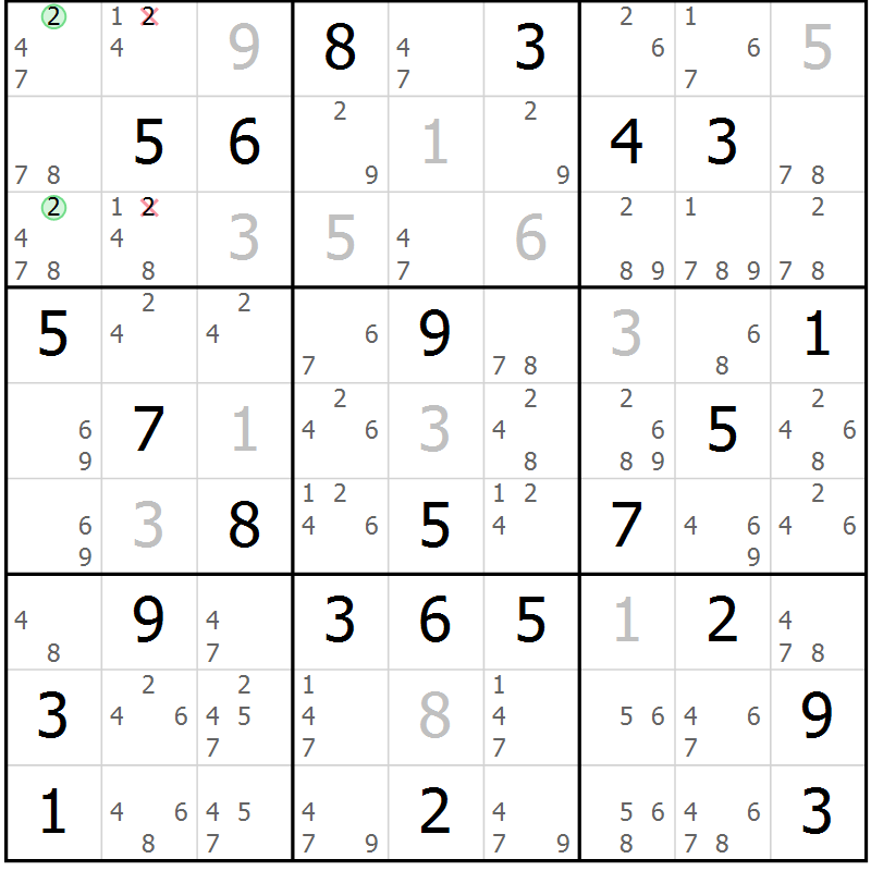 Position des candidats pour la solution de la Gr 81 page 84 du magazine de sudoku Virtuose n° 125