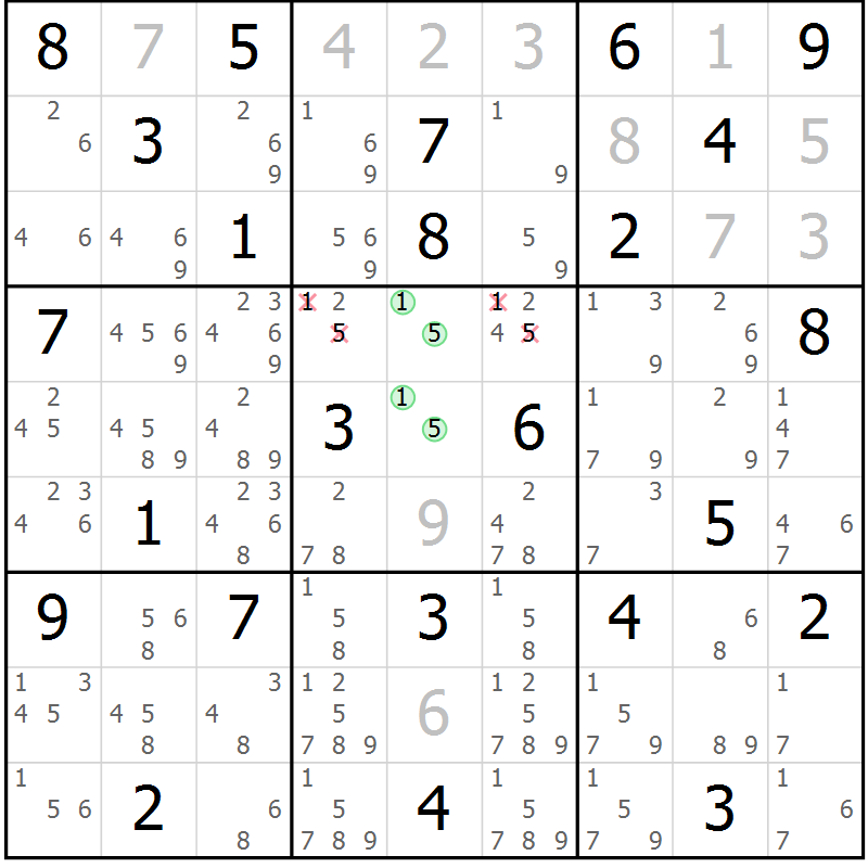 Position des candidats pour la solution de la Gr 82 page 85 du magazine de sudoku Virtuose n° 125