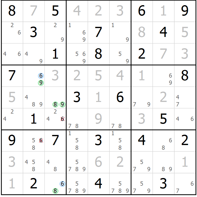 Position des candidats pour la solution de la Gr 82 page 85 du magazine de sudoku Virtuose n° 125