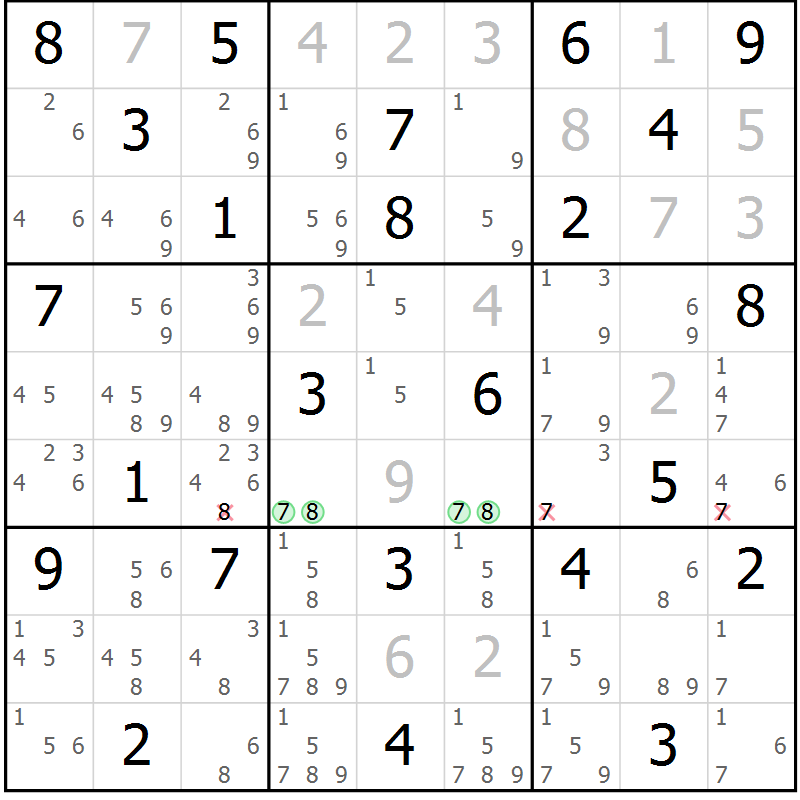 Position des candidats pour la solution de la Gr 82 page 85 du magazine de sudoku Virtuose n° 125
