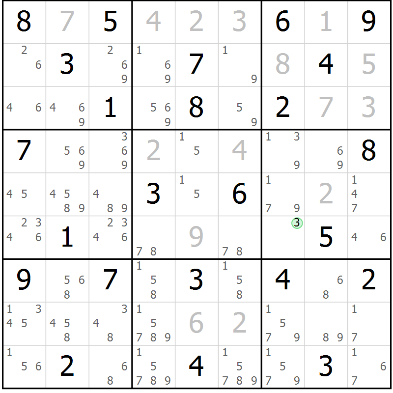 Position des candidats pour la solution de la Gr 82 page 85 du magazine de sudoku Virtuose n° 125
