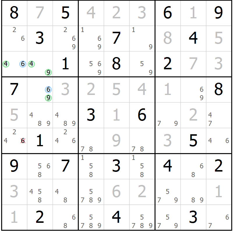 Position des candidats pour la solution de la Gr 82 page 85 du magazine de sudoku Virtuose n° 125