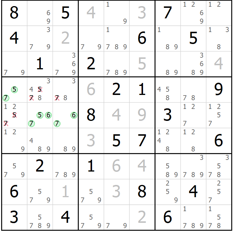 Position des candidats pour la solution de la Gr 83 page 86 du magazine de sudoku Virtuose n° 125