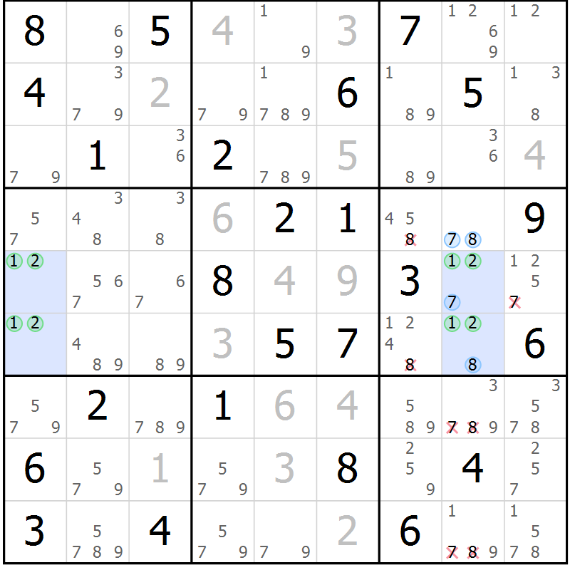 Position des candidats pour la solution de la Gr 83 page 86 du magazine de sudoku Virtuose n° 125